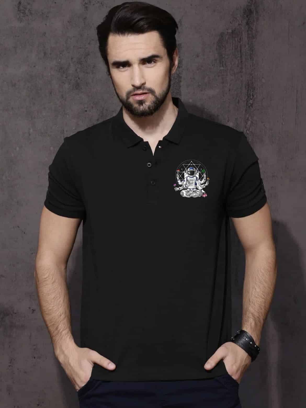 Psychedelic black polo by oikotaantees Shop latest Psychedelic Black unisex Polo Tshirt - Image 1