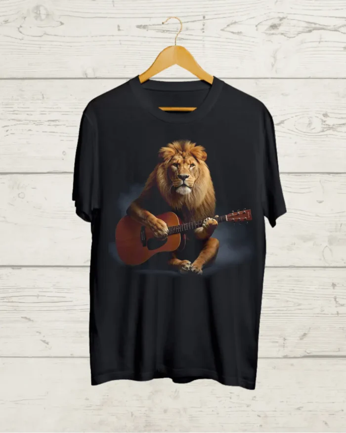 Lion playing Guitar Black T shirt